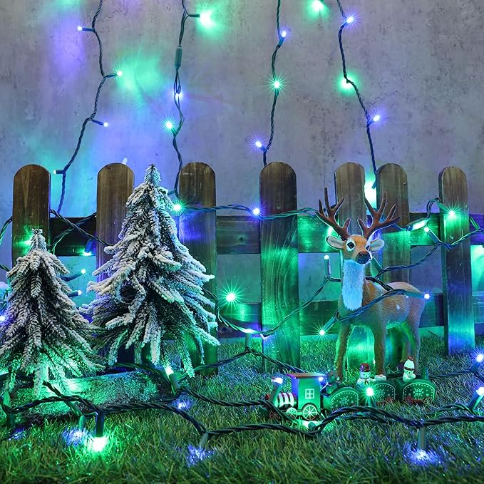 Brizled Blue & Green LED Christmas Lights, 33ft 100 5MM Wide Angle Connectable Mini Tree Lights, UL Listed Xmas Indoor/Outdoor Party Decor, Green Wire