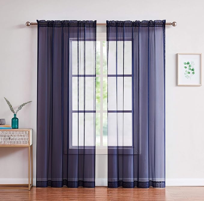 LINENZONE Pair of 2 Rod Pocket Long Window Treatments. Great Farmhouse Style Sheer Curtains for Living Room, Bedroom, Dining Room, Patio or Canopy Bed. (Amazing Sheers - 56" W x 96" L, Blue Navy)