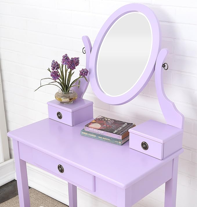 Roundhill Furniture Moniys Wood Moniya Makeup Vanity Table and Stool Set, Purple
