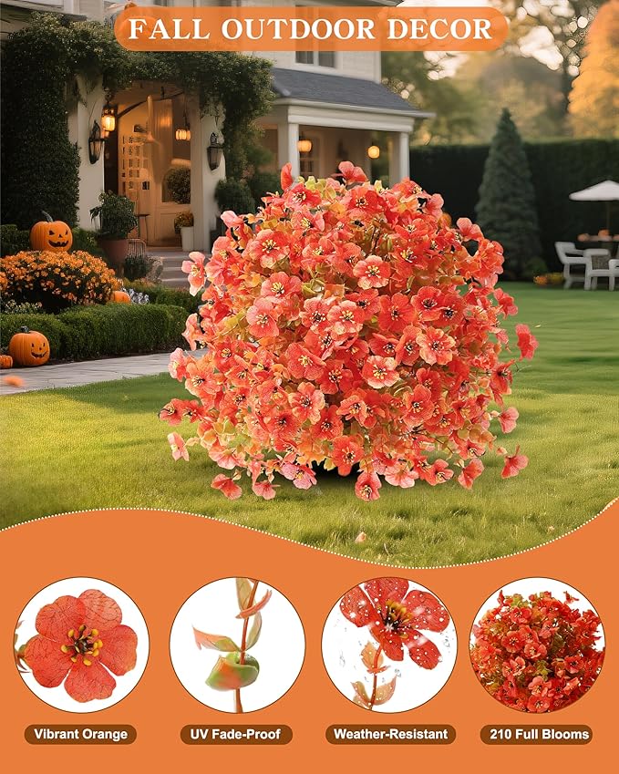 Artificial Mums Topiary Ball Tree With Flowers for Outdoors Fall Decor,23" Orange UV Resistant Fake Plants With Ground Spike Autumn Decorations for Home,Front Porch,Garden,Thanksgiving,Planters