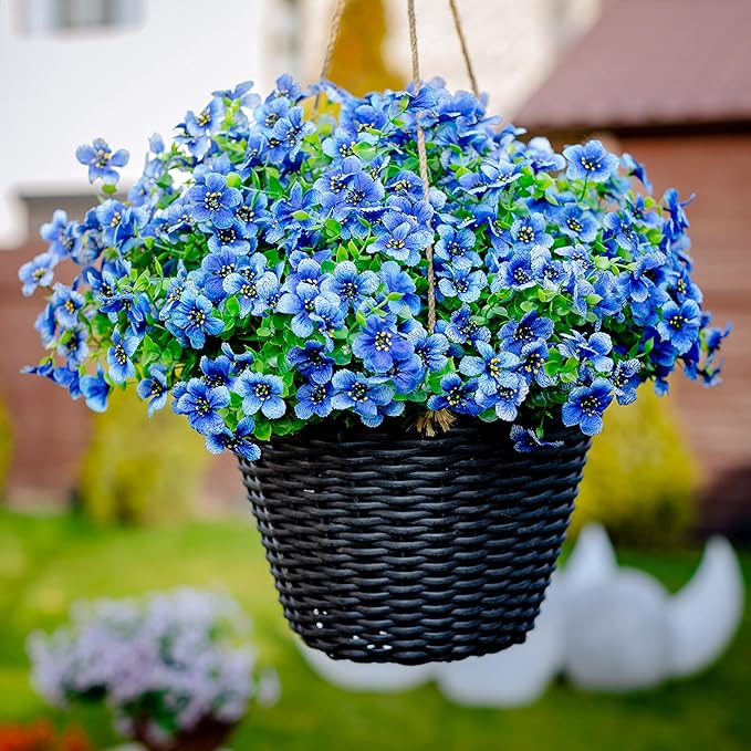 Artificial Flowers for Outdoors Fake Plants - 16 Bundles Faux Outside Greenery Boxwood No Fade Plastic Shrubs Fall Decor Farmhouse Home Garden (Blue)