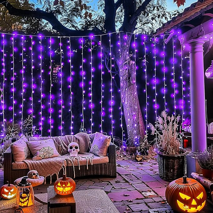 JMEXSUSS 300LED Purple Christmas Lights with Remote, Curtain Hanging Light Plug in, 8 Modes Purple String Lights for Bedroom Window Wall Party Backdrop Halloween Christmas Decorations