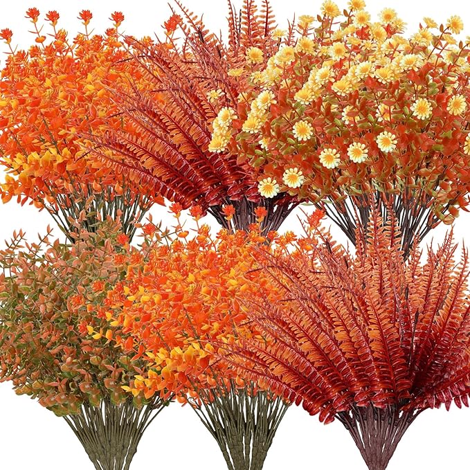 Ceenna 16 Bundles Fall Artificial Flowers for Outdoors Decorations Floral Picks Stem Fake Mums Eucalyptus Maple Leaves Berry for Garden Autumn Thanksgiving Arrangement (15 Inch,Eucalyptus)