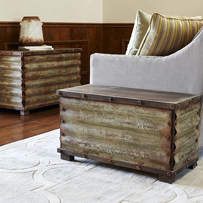 Household Essentials Decorative Trunk, Rustic, Small, Wood Frame and Metal Siding, Spacious and Handmade, Fully Opening Lid, Black Interior, Driftwood and Silver
