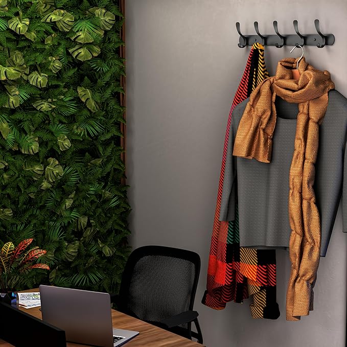 Black Coat Rack Wall Mounted - 16 Inch Heavy Duty Stainless Steel Matte Finish Wall Hook Rack - 5 Double Coat Hooks for Hanging Towels, Bags, Hat - Bathroom Entryway - 2 Pack