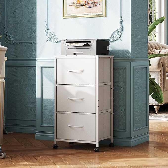 WLIVE Dresser with 3 Drawers, Fabric Nightstand, Cabinet with Wheels, Organizer Storage Dresser for Bedroom, Office, Entryway, Closets, Sturdy Steel Frame, Wood Top, Easy Pull Handle, White