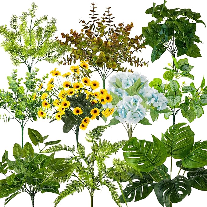 WINTS 17 Bundles Outdoor Artificial Plants UV Resistant Fake Greenery Stems Faux Shrubs Plastic Plant for Outdoor Planter Porch Patio Garden Window Box Home Decor