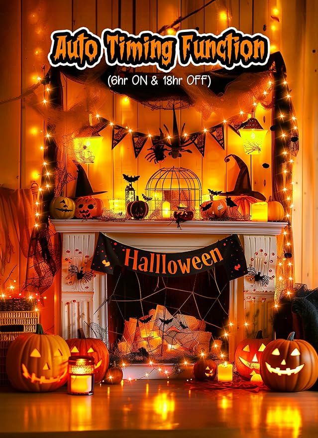 Minetom Halloween Fairy Lights, 33Ft 100 LED Battery Operated Fairy Lights, Waterproof Copper Wire Mason Jar Lights for Home Party Ghost Haunted House Indoor Outdoor Halloween Decorations, Orange