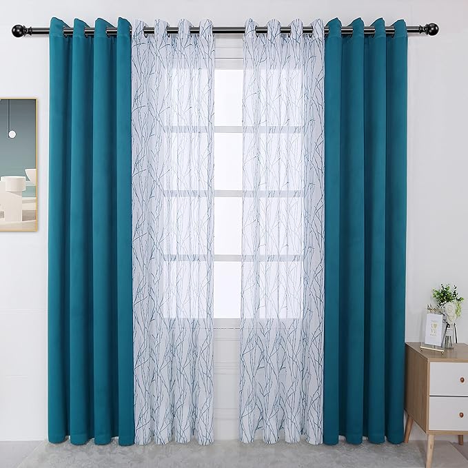BONZER Mix and Match Curtains - 2 Pieces Branch Print Sheer Curtains and 2 Pieces Blackout Curtains for Bedroom Living Room Grommet Window Drapes, 54x95 Inch/Panel, Teal, Set of 4 Panels