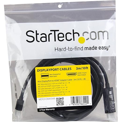 StarTech.com Mini DisplayPort to HDMI Adapter Cable - mDP to HDMI Adapter with Built-in Cable - Black - 3 m (10 ft.) - Ultra HD 4K 30Hz