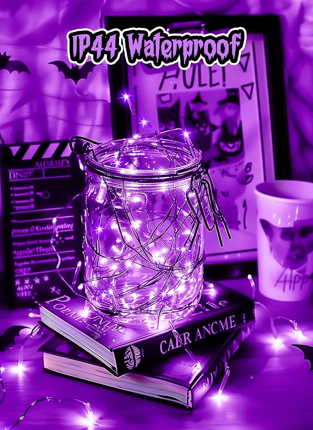 Minetom Halloween Fairy Lights, 33Ft 100 LED Battery Operated Fairy Lights, Waterproof Copper Wire Mason Jar Lights for Home Party Ghost Haunted House Indoor Outdoor Halloween Decorations, Purple