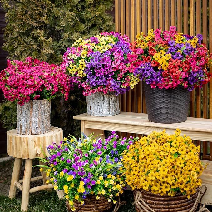Artificial Flowers for Outdoors Fake Plants - 16 Bundles Faux Outside Greenery Boxwood UV Resistant Plastic Shrubs Decor (Mixed)