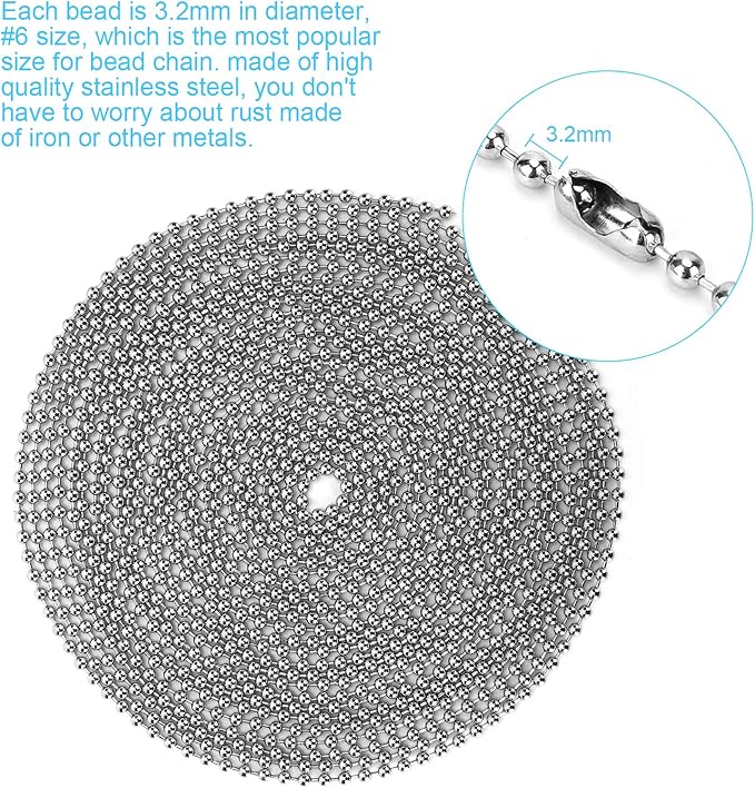 200 Inch Ceiling Fan Pull Chain, (Upgrade Rust Proof) 3.2mm Beaded Pull Chains Extension, Light Chain Pulls Extenders Great Pulling Force Stainless Steel with 24 Matching Connectors 2 Styles, By PSISO