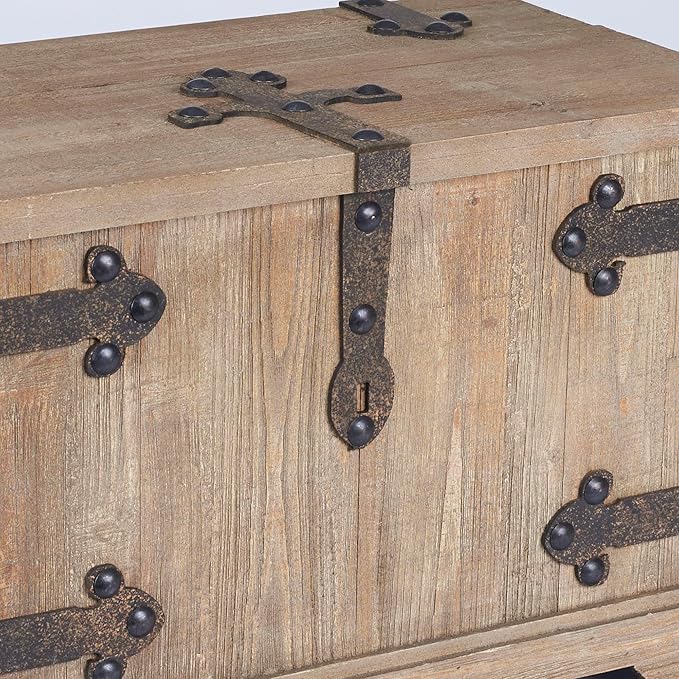 Household Essentials Decorative Trunk, Victorian, Small, Chinese Fir Wood, Aged-Wood Finish with Metal Accents, Fully Opening Lid, Stout Design, Ring Handles