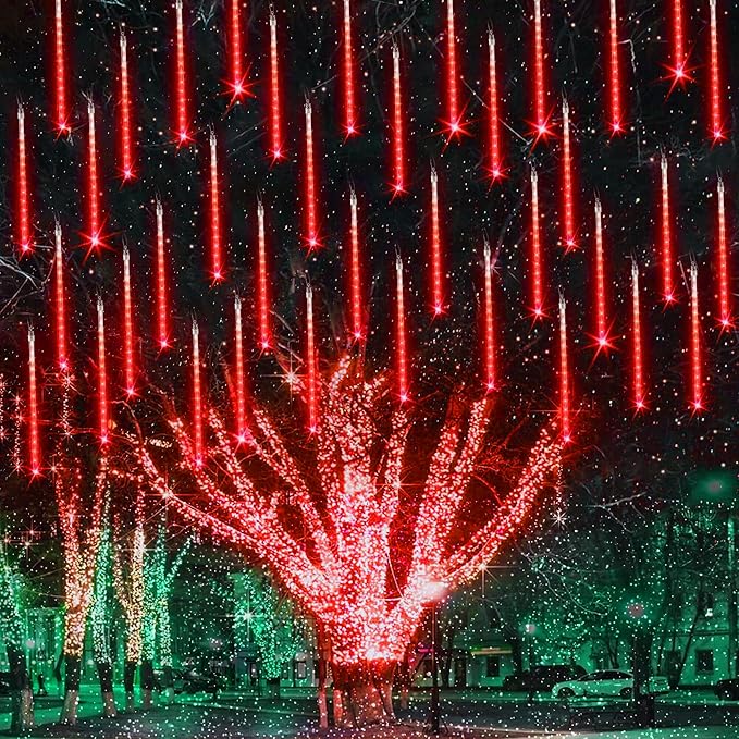 Joomer Christmas Lights Outdoor, 11.8 inch 10 Tubes 240 LED Meteor Shower Lights, LED Snow Falling Icicle Cascading Light with Timer Waterproof and Connectable for Christmas Decoration (Red)