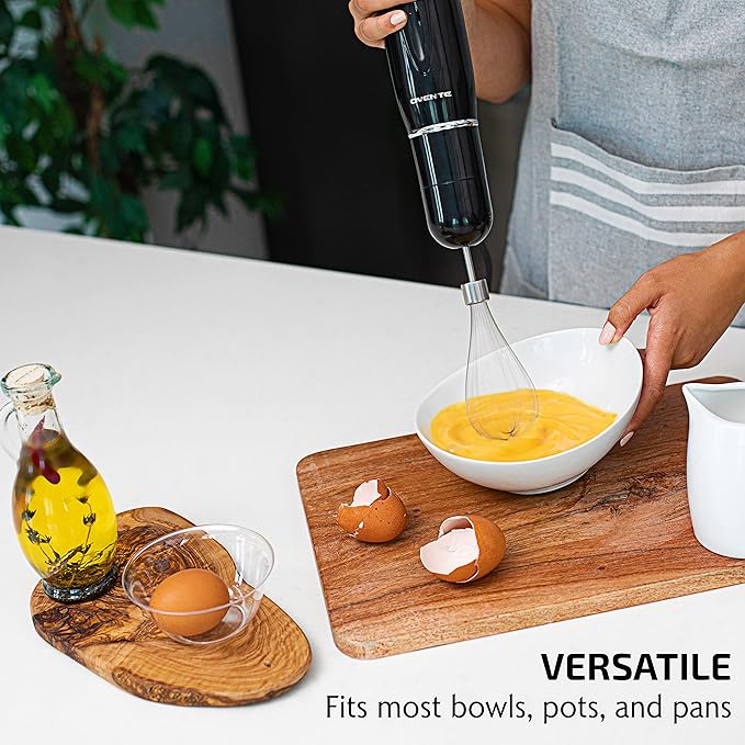 OVENTE Immersion Hand Blender, 300W Electric Handheld Portable Stick Mixer Set with 2 Mixing Speed, Stainless Steel Blades, Egg Whisk Attachment, Mixing Beaker and BPA-Free Food Chopper, Black HS565B