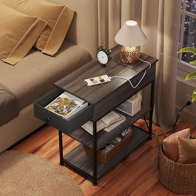 WLIVE Small Side Tables with Charging Station, Narrow End Table for Bedroom/Living Room, Sofa Couch Side Table with Storage for Small Spaces, Home Office, USB Ports and Outlets, Grey