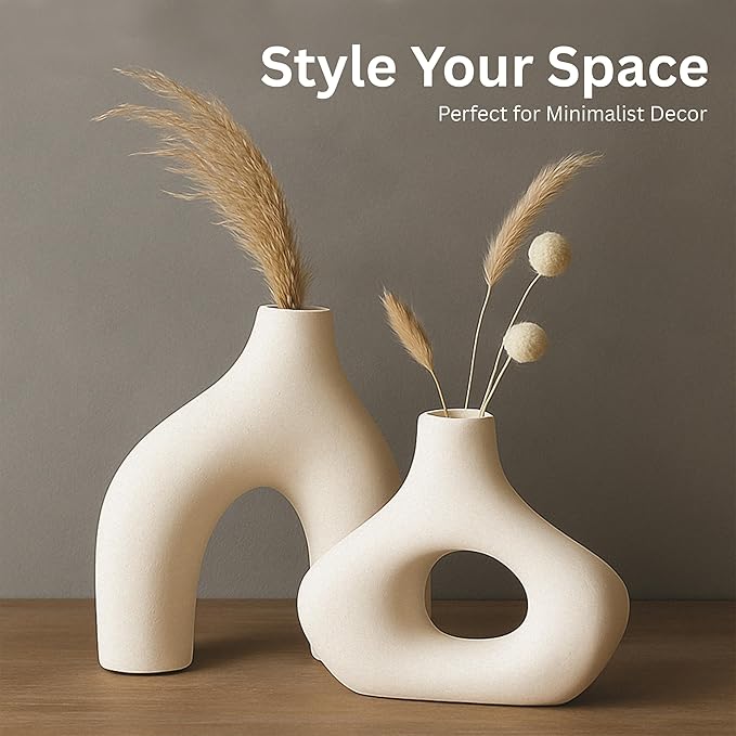 Nordic Ceramic Vase Set – 2 White Sculptural Vases for Fresh Flowers or Dried Stems – Minimalist Home Décor for Shelf, Table, Wedding or Gift – Holds Water