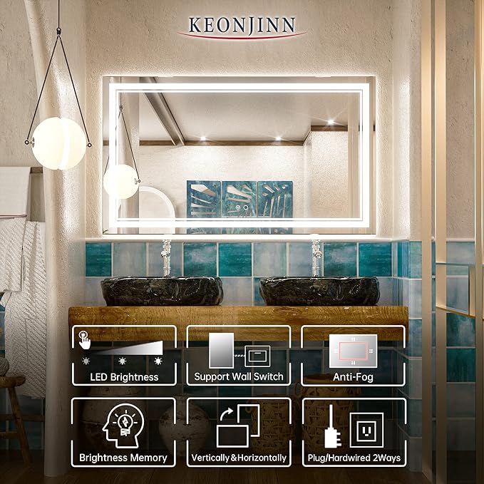 Keonjinn 48 x 28 Inch LED Bathroom Mirror, Lighted Bathroom Mirror with Lights, Shatter-Proof Tempered Glass, UL-Listed LED Driver, Fog Free, Dimmale 6000K, Easy to Install(Horizontal/Vertical)