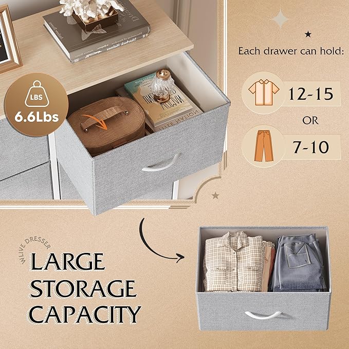 WLIVE Fabric Dresser for Bedroom, Tall Dresser with 8 Drawers, Storage Tower with Fabric Bins, Double Dresser, Chest of Drawers for Closet, Playroom, Dormitory, Light Grey
