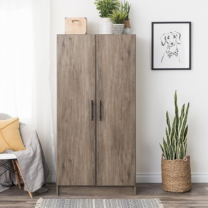 Prepac Elite 32" Storage Cabinet, Gray Storage Cabinet with Hanging Rail and Shelves for Living room, Kitchen ang Laundry Room 24.5" D x 32" W x 65" H