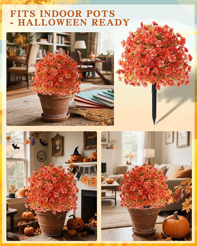 Artificial Mums Topiary Ball Tree With Flowers for Outdoors Fall Decor,23" Orange UV Resistant Fake Plants With Ground Spike Autumn Decorations for Home,Front Porch,Garden,Thanksgiving,Planters