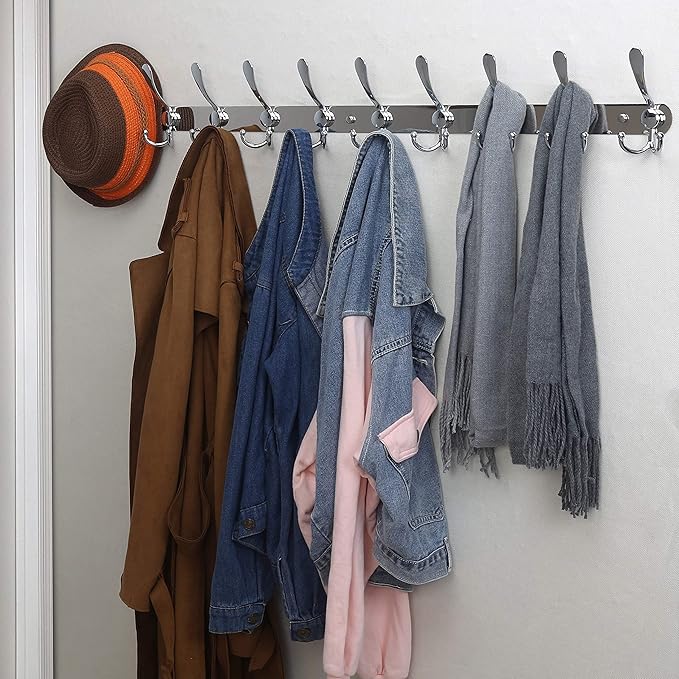 Dseap Coat Rack Wall Mount - 38” Long 10-Tri-Hooks Heavy Duty Coat Hanger Rail Wall Hooks for Hanging Coats Hats Clothing Clothes Purse Mudroom Entryway, Chromed