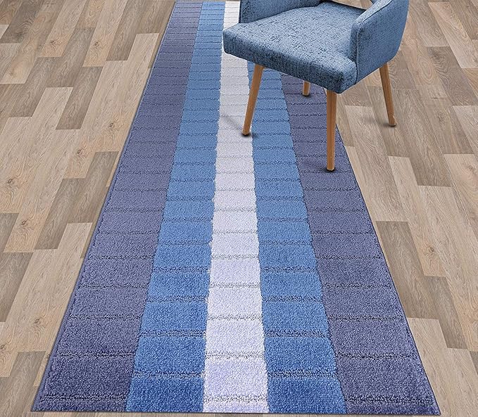 Custom Size Coastal Nautical Style Runner Rug Carpet for Hallway Entryway, Slip Resistant Latex Rubber Backed, 31 inch Wide X Customized Length, Squares Blue, 31 inch X 9 feet