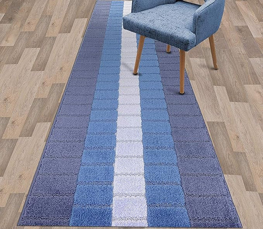 Custom Size Coastal Nautical Style Runner Rug Carpet for Hallway Entryway, Slip Resistant Latex Rubber Backed, 31 inch Wide X Customized Length, Squares Blue, 31 inch X 11 feet