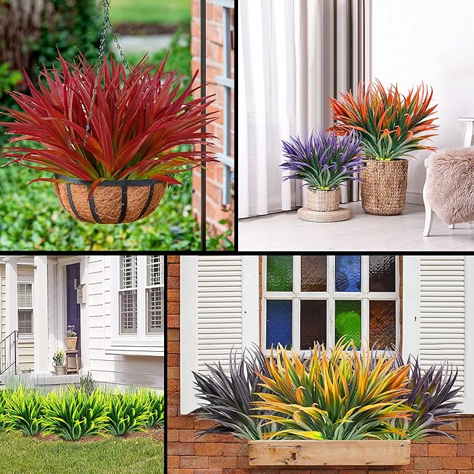 16pcs Artificial Plants Outdoor Flowers UV Resistant Fake Tall Grass Plants Faux Tropical Shrubs Plastic Greenery Bushes Front Porch Patio Garden Outside Decoration