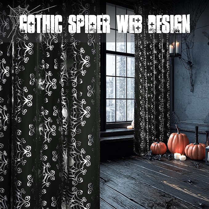 NICETOWN Black Sheer Halloween Curtains with Silver Spider Foil Print, Grommet Flowing Voile Sheer Window Treatment for Gothic Bedroom, W54 x L84, 2 Panels