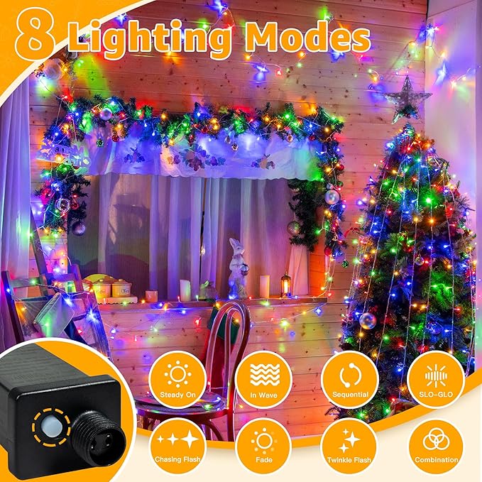 Ollny 120LED 40FT Christmas Lights, Waterproof Connectable String Lights with Timer 8 Modes, Multicolor Plug in Fairy Light for Indoor Outdoor Bedroom Xmas Tree Holiday Party Decorations