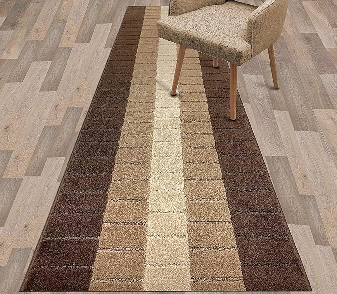Custom Size Modern Geometric Pattern Carpet Runner Rug for Hallways, Slip Resistant Latex Rubber Backed, 31 inch Wide X Customized Length, Squares Brown, 31 inch X 16 feet