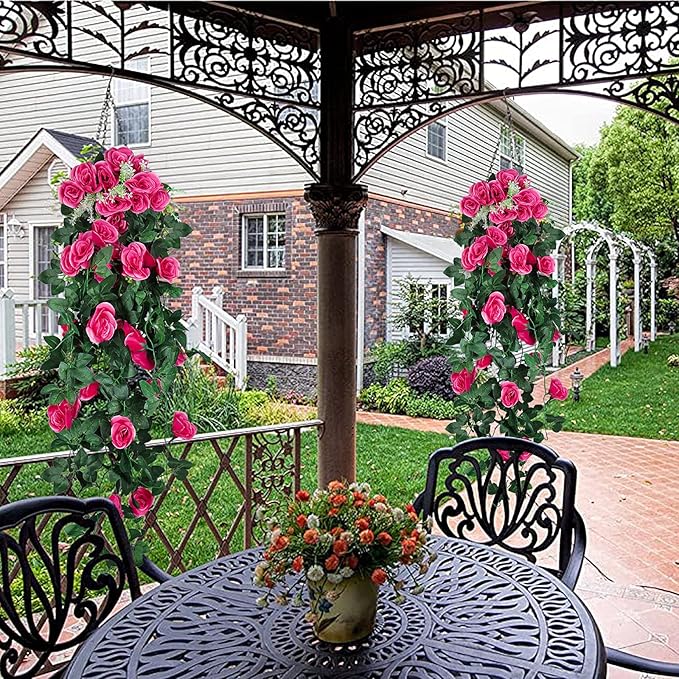 RECUTMS 2PCS Artificial Hanging Flowers 3.3Ft Fake Flower Plants for Home Room Garden Wedding Indoor Outdoor Decoration (Rose Red)