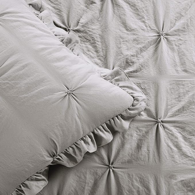 Lush Decor Ravello Pintuck Ruffle Skirt Bedspread Set - Luxe 3 Piece Ruffled Bedding Set - Traditional Glam & Farmhouse Inspired Bedroom Decor - Queen, Light Gray