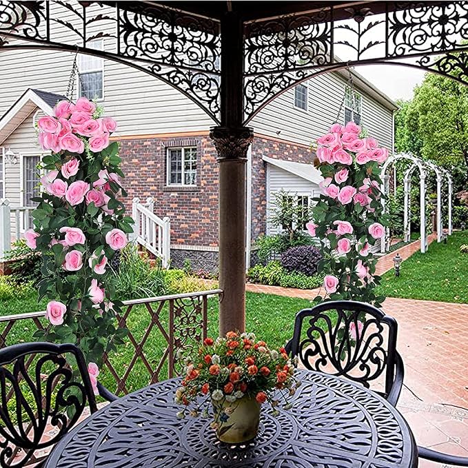 RECUTMS Fake Hanging Flower, 2PCS Artificial Rose Vine Plants Flowers Wedding Home Decoration and Wall Décor 3.3Ft (Pink)