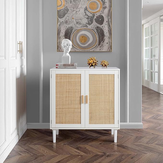 Finnhomy Sideboard Buffet Cabinet, Kitchen Storage Console with Rattan Decorated Doors, Liquor Buffet, Dining Room, Hallway, Cupboard Console Table, Accent Cabinet, 31.5X 15.8X 34.6 Inches, White