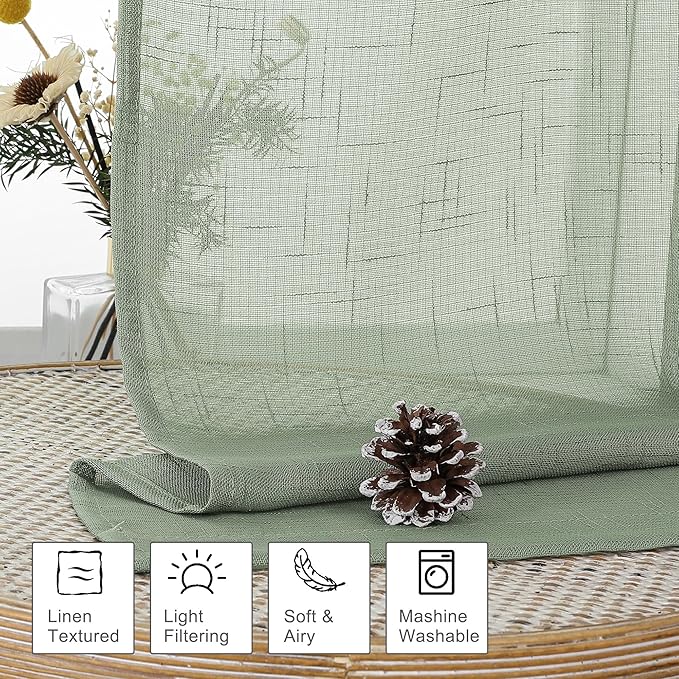 Aiyufeng Kirei Sage Green Linen Sheer Curtains 84 Inch Length 2Panels Set, Flax Textured Semi Sheer Vertical Drapes Privacy with Light Filter for Home Office/Farm House, W40 x L84, Sage Green, 1 Pair
