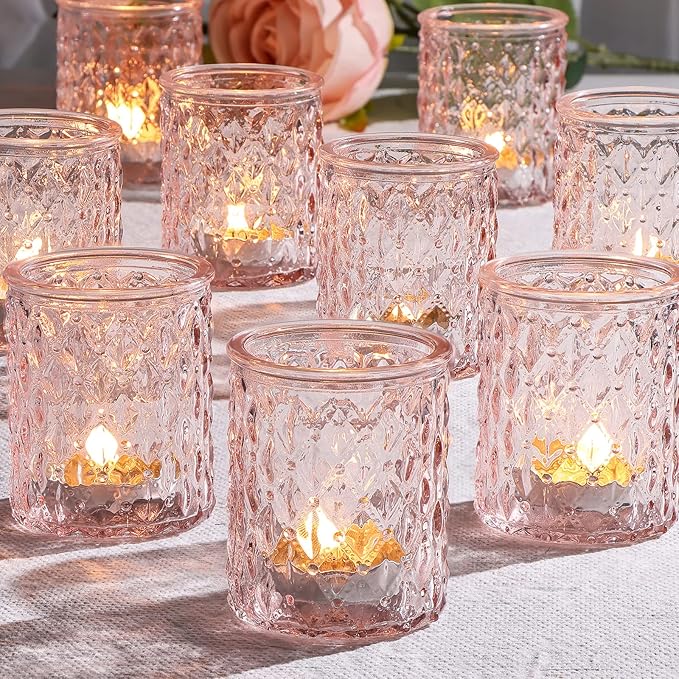 12pcs Pink Votive Candle Holders, Tealight Candle Holder for Valentine's Day, Baby Shower Decorations for Girl, Glass Candle Holder for Wedding Centerpieces, Bridal Shower, Party Decorations
