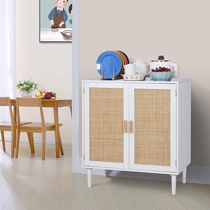 Finnhomy Sideboard Buffet Cabinet, Kitchen Storage Console with Rattan Decorated Doors, Liquor Buffet, Dining Room, Hallway, Cupboard Console Table, Accent Cabinet, 31.5X 15.8X 34.6 Inches, White
