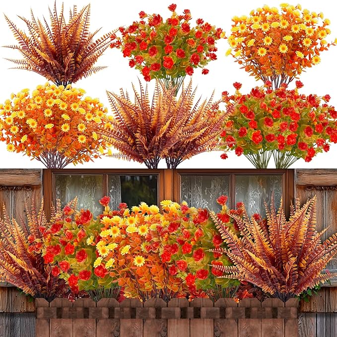 20 Bundles Artificial Fall Flowers for Outdoors Fall Thanksgiving Decorations - UV Resistant Fake Mums Faux Fall Plants Plastic Flowers for Gardens Porch Fireplace Patio Home Indoor Autumn Fall Decor