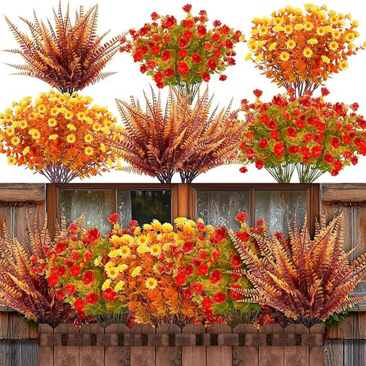 20 Bundles Artificial Fall Flowers for Outdoors Fall Thanksgiving Decorations - UV Resistant Fake Mums Faux Fall Plants Plastic Flowers for Gardens Porch Fireplace Patio Home Indoor Autumn Fall Decor