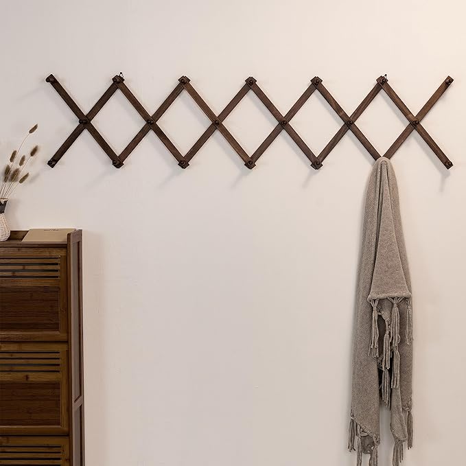 SKOLOO Hat Rack for Wall with 20 Hooks, Solid Wooden, Modern, Expandable Coat Rack Wall Mount for Coats, Hats, Bags, Baseball Caps, Walnut Color