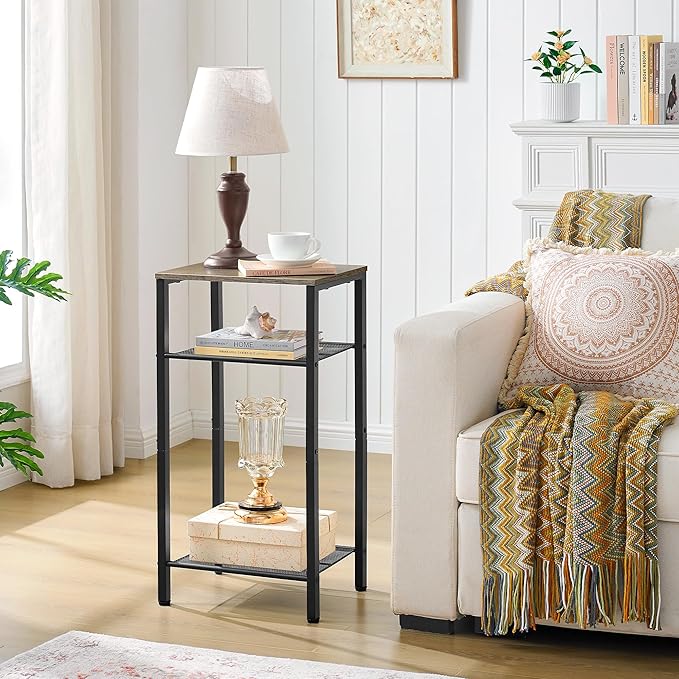 Hoctieon 2-Set 3 Tier End Table, Telephone Table Set of 2, Tall Side Table with Storage Set of 2, Small Nightstand for Small Spaces, Metal Frame, for Living Room, Bedroom, Sofa Couch, Hallway, Greige