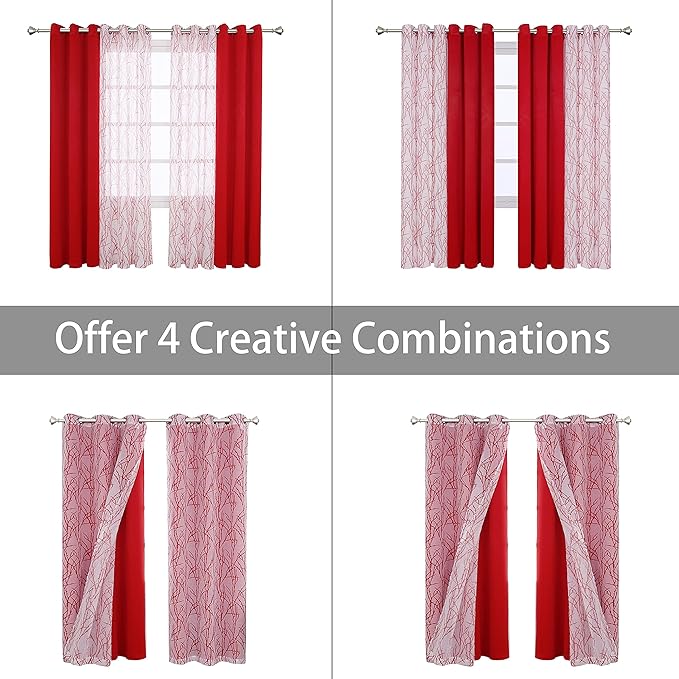 BONZER Mix and Match Curtains - 2 Pieces Branch Print Sheer Curtains and 2 Pieces Blackout Curtains for Bedroom Living Room Grommet Window Drapes, 37x84 Inch/Panel, Red, Set of 4 Panels
