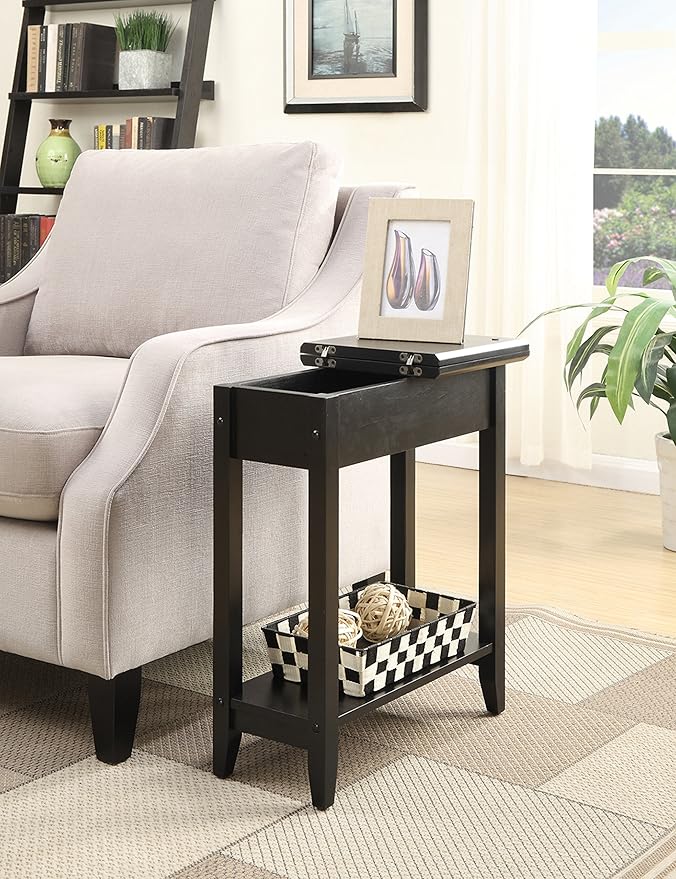 Convenience Concepts American Heritage Flip Top End Table 23.25" - Classic Narrow Chairside Accent with Hidden Storage & Lower Shelf for Traditional, Modern Living Room, Black