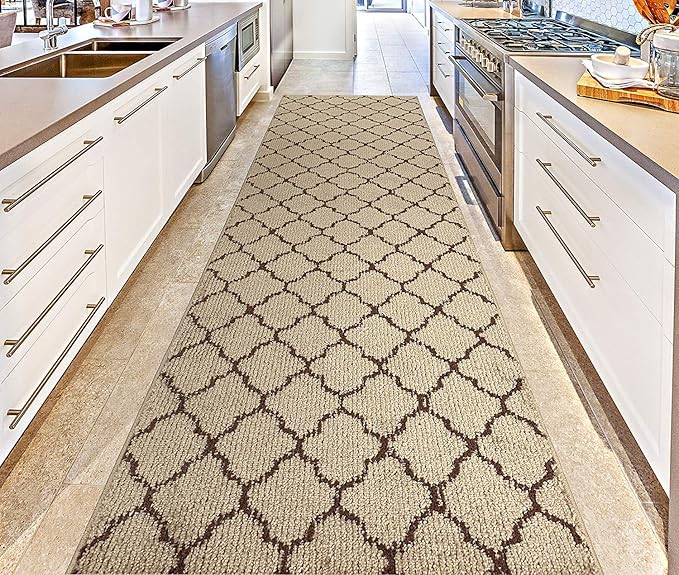 Custom Size Modern Runner Rug Carpet for Hallway Entryway Foyer Kitchen, Slip Resistant Latex Rubber Backed 31 inch Wide X Customized Length, Trellis Beige, 31 inch X 24 feet
