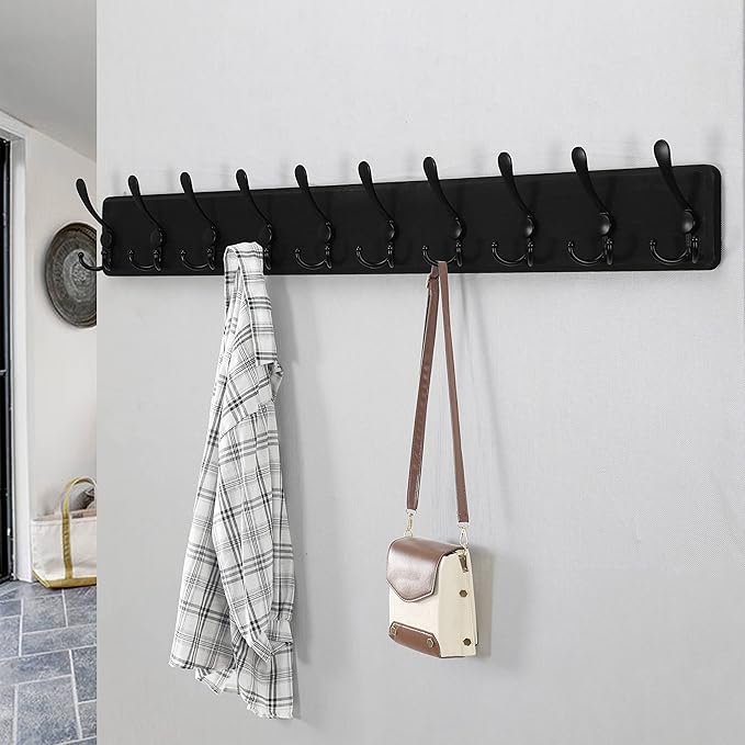 Dseap Coat Rack Wall - Heavy-Duty 38-1/4" Long, with Reinforced 10 Custom Tri-Hooks, Solid Wood Wall Hanger for Coats Hat Jackets - Rustic Farmhouse Entryway Hallway Storage, Black