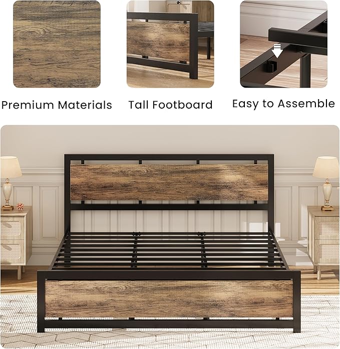 LIKIMIO California King Bed Frame with Headboard and Footboard, Metal Strong Supports, Easy Assembly, Noise-Free, No Box Spring Needed, Walnut