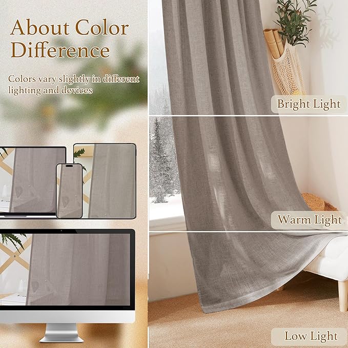 RYB HOME Privacy Sheer Curtains - Dual Rod Pocket Semi Sheer Drapes for Living Room, Linen Semi-Translucent Curtains for Bedroom, Birch Brown, 52 Wide x 63 inches Long, 1 Pair